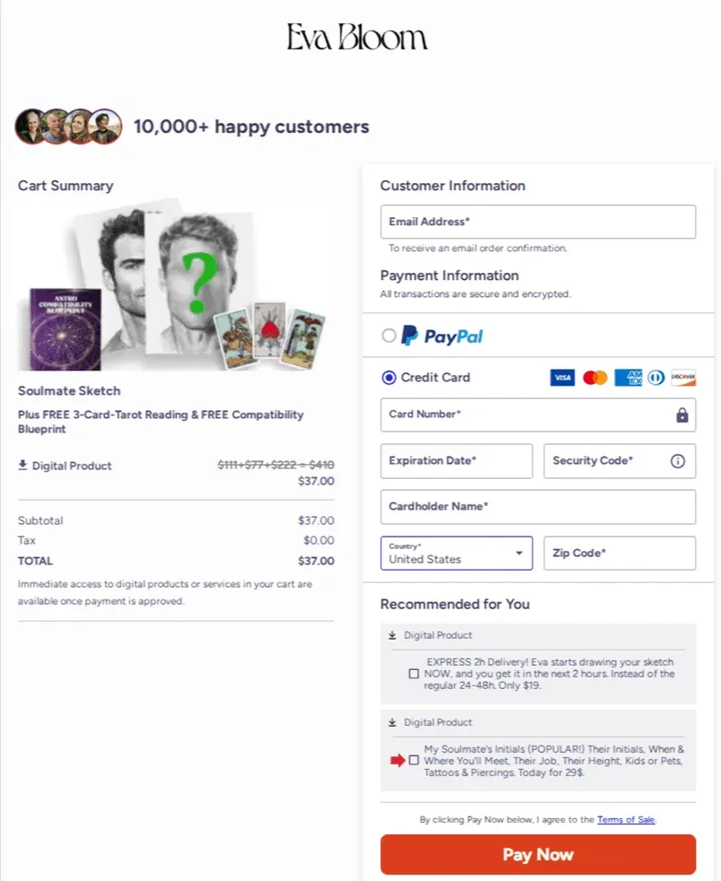 “Get your custom soulmate sketch instantly with digital delivery”-order page